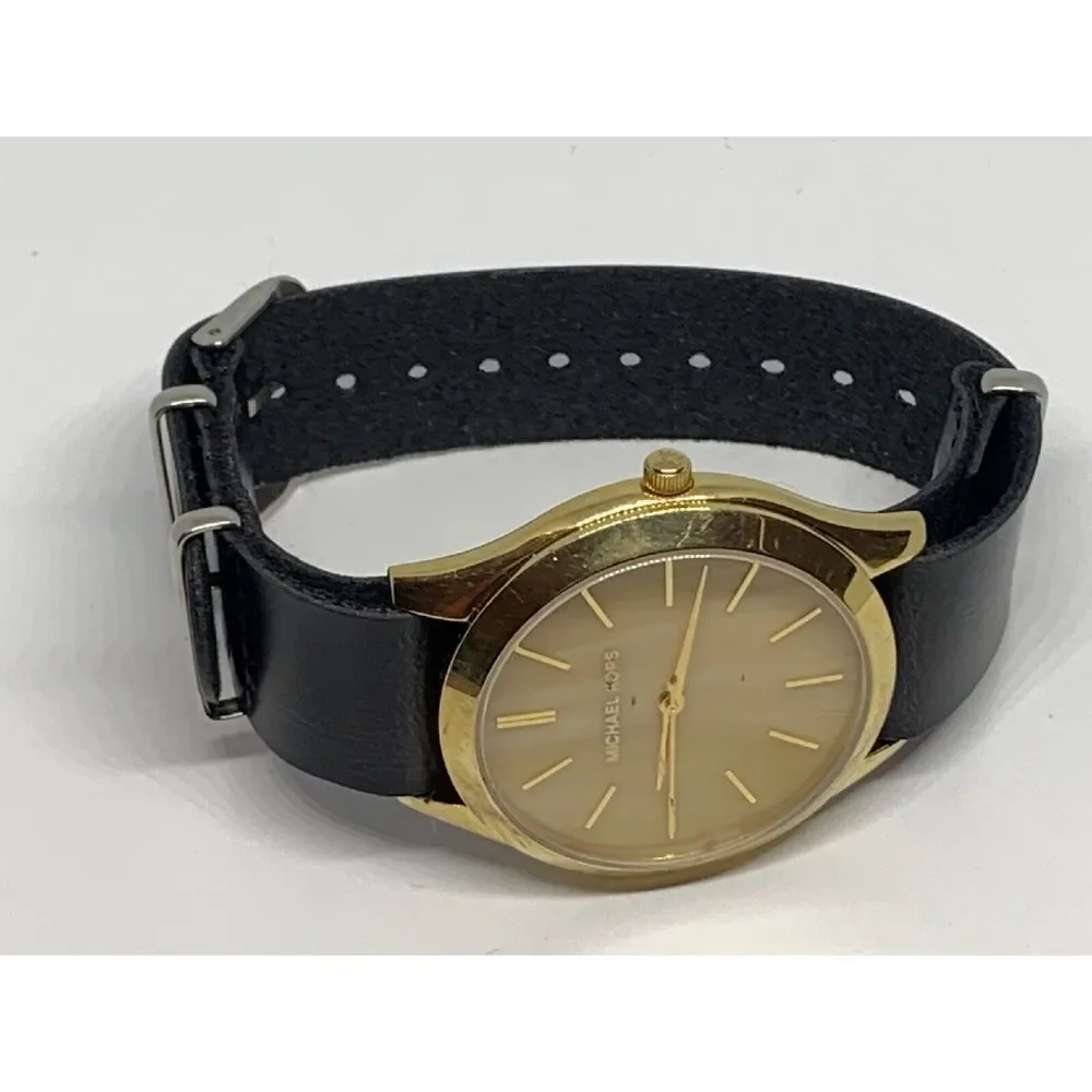 Michael Kors MK4285 Women's Black Leather Analog Gold Dial Quartz Watch GE256